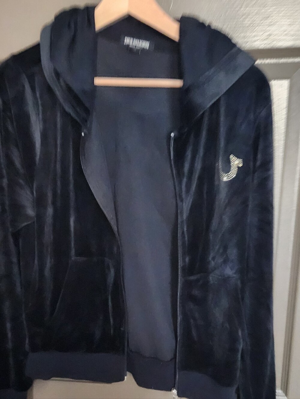 True Religion Men's Black Velour Zip Hoodie Jacket with Logo